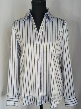 Vince Camuto Satin Stripe Button Down Blouse Long Sleeve Blue XS NWT